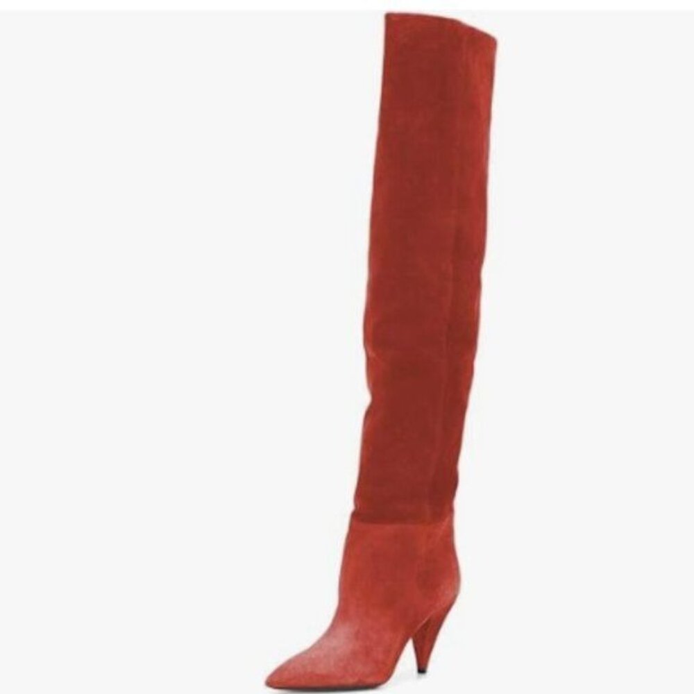 XYD Sassy Cone Mid Heels Thigh High Boots for Women Over The Knee Stretchy Red